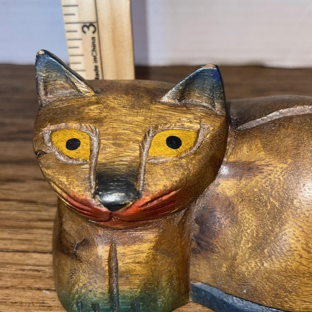 Vintage Hand Carved Wood Cat Shelf Sitter -‎ 1980s Siamese Folk Art